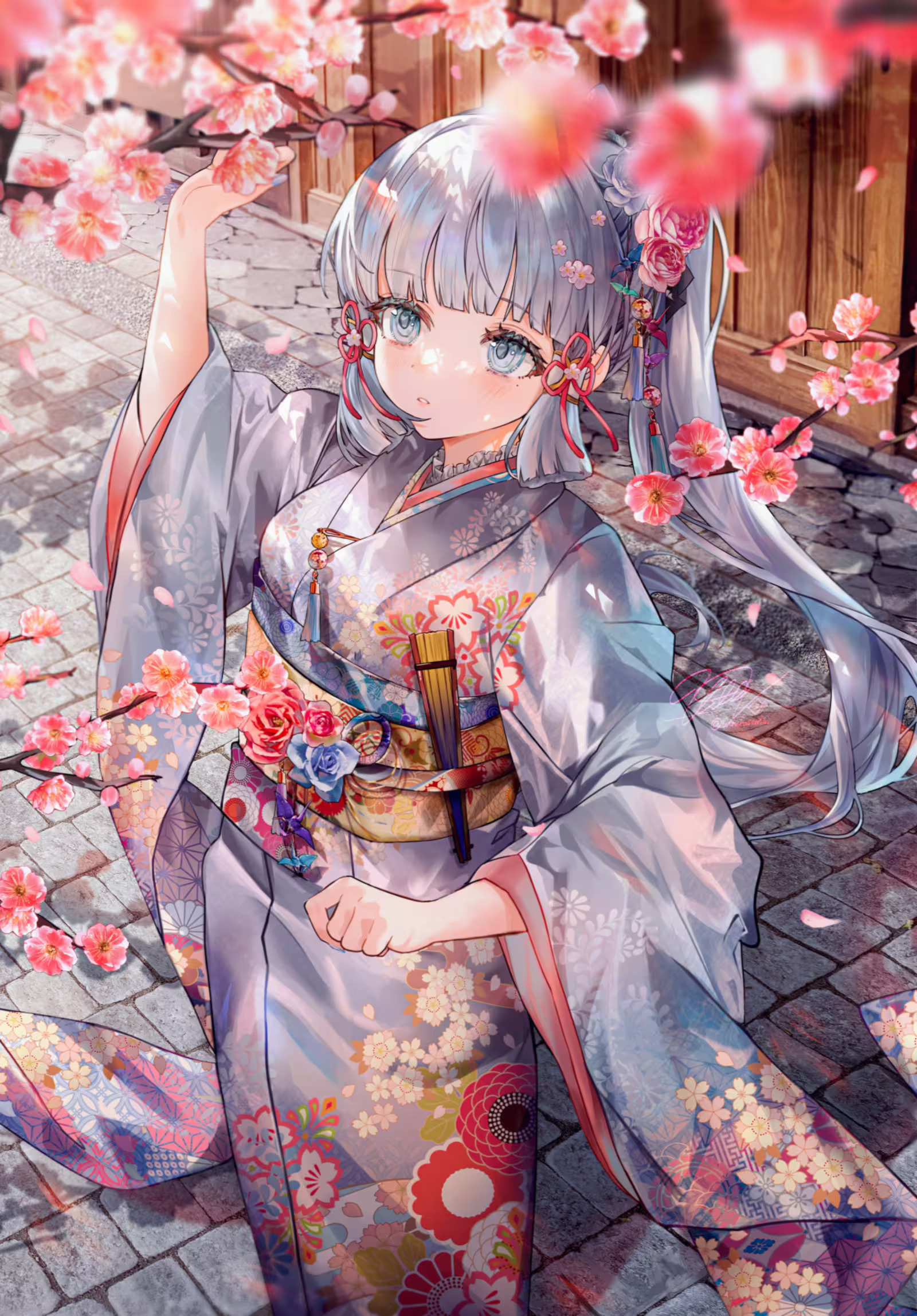 Kamisato Ayaka Genshin Impact Wallpaper - Blue Kimono & Cherry Blossoms by Utsuhostoria