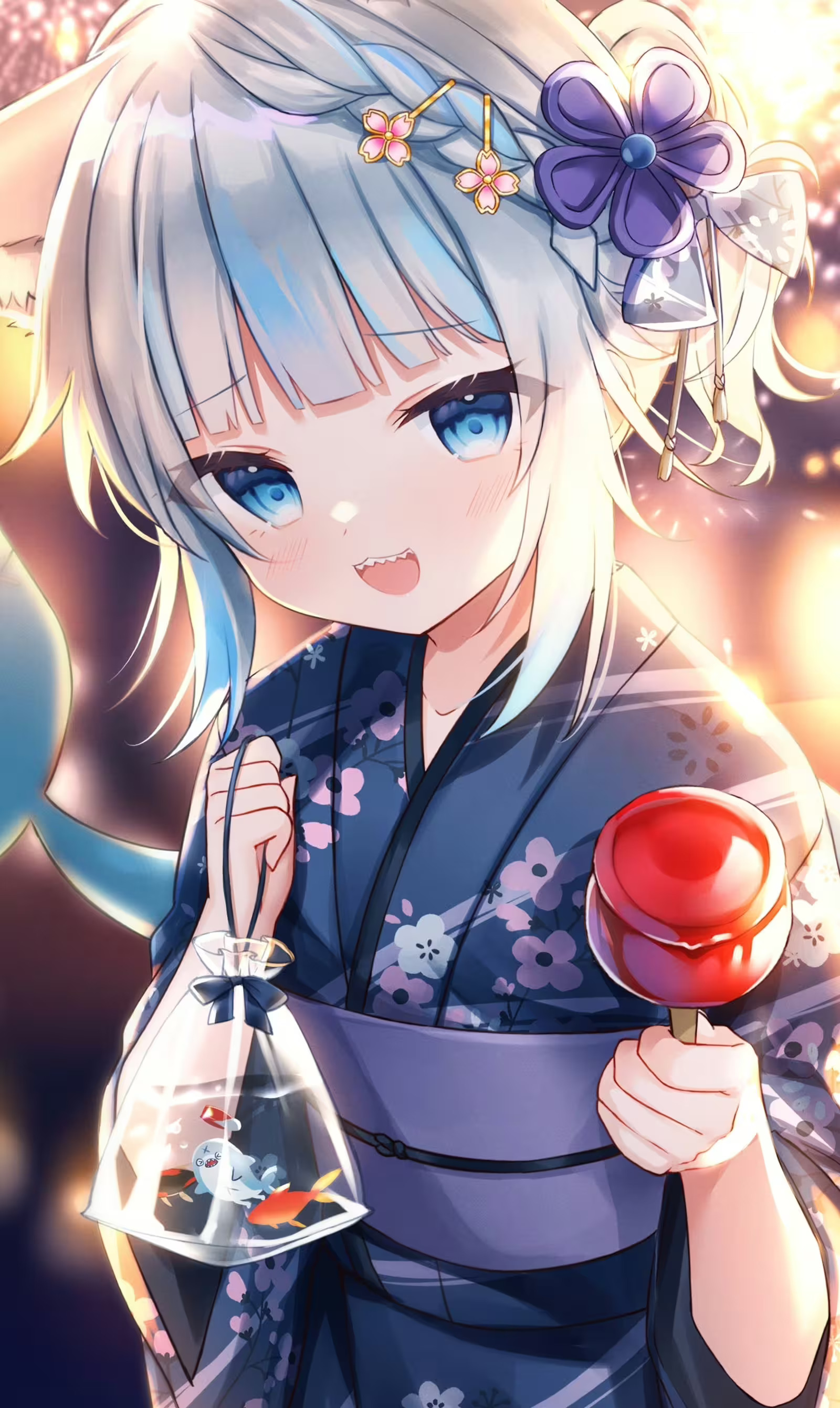 Gawr Gura Hololive Wallpaper: Cute Shark Girl in Yukata by Shouu-kun