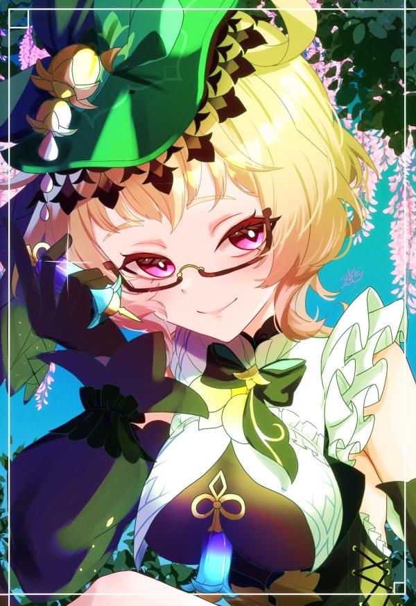 Emilie Genshin Impact Wallpaper Blonde Hair, Black Gloves, Pink Eyes, Smile #97