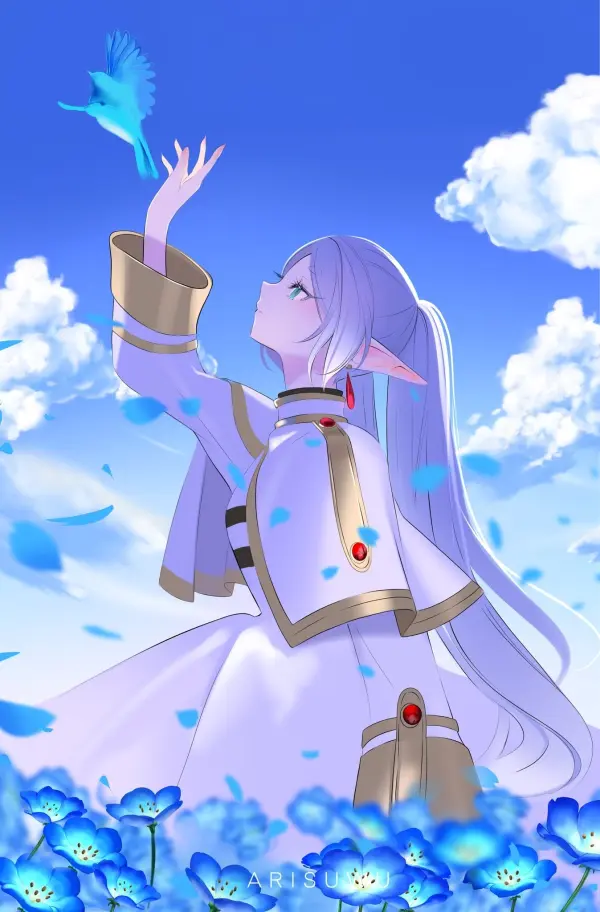 Frieren Wallpaper White Hair Elf with Blue Bird & Flowers Sousou no Frieren #113