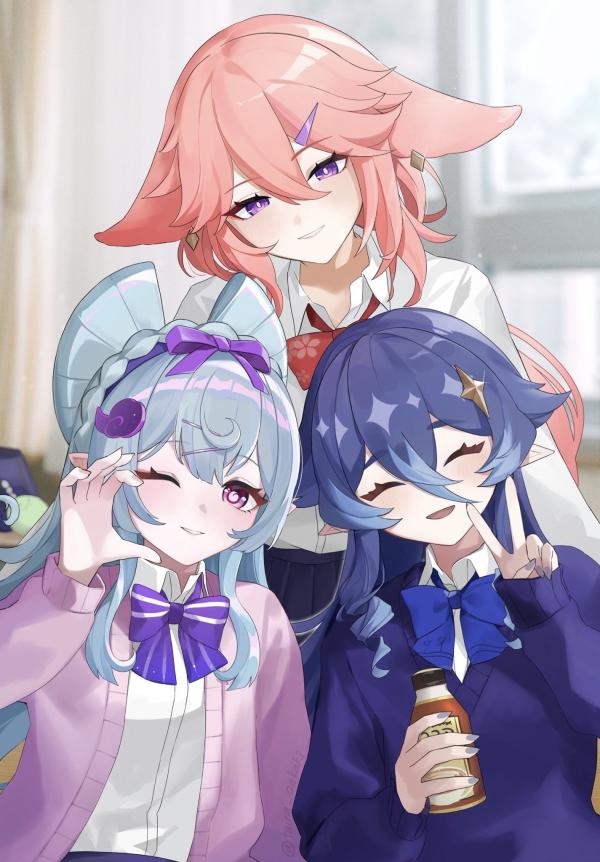 Yae Miko, Yumemizuki Mizuki & Layla Genshin Impact Wallpaper Fanart by taira #703