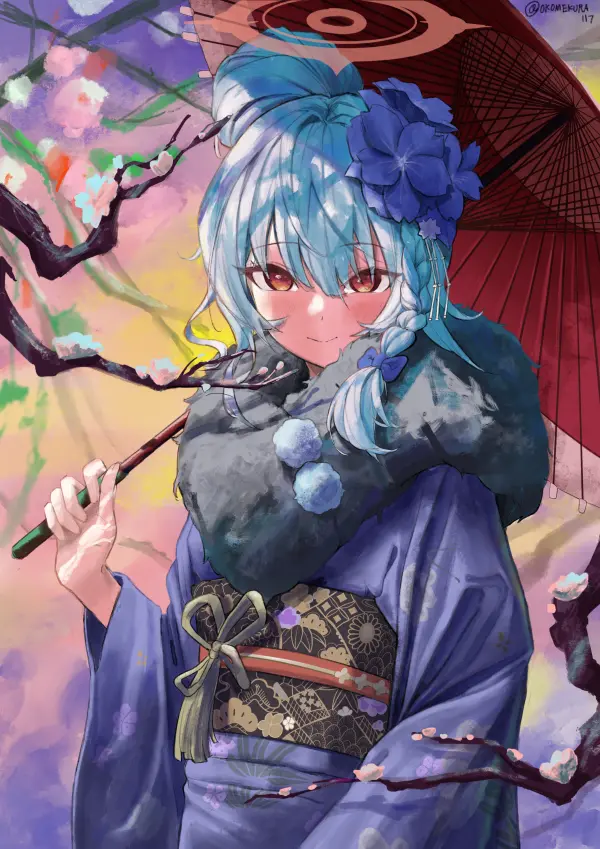 Elegant Kurodate Haruna New Year Kimono Wallpaper – Blue Archive Art by okomekura #1148