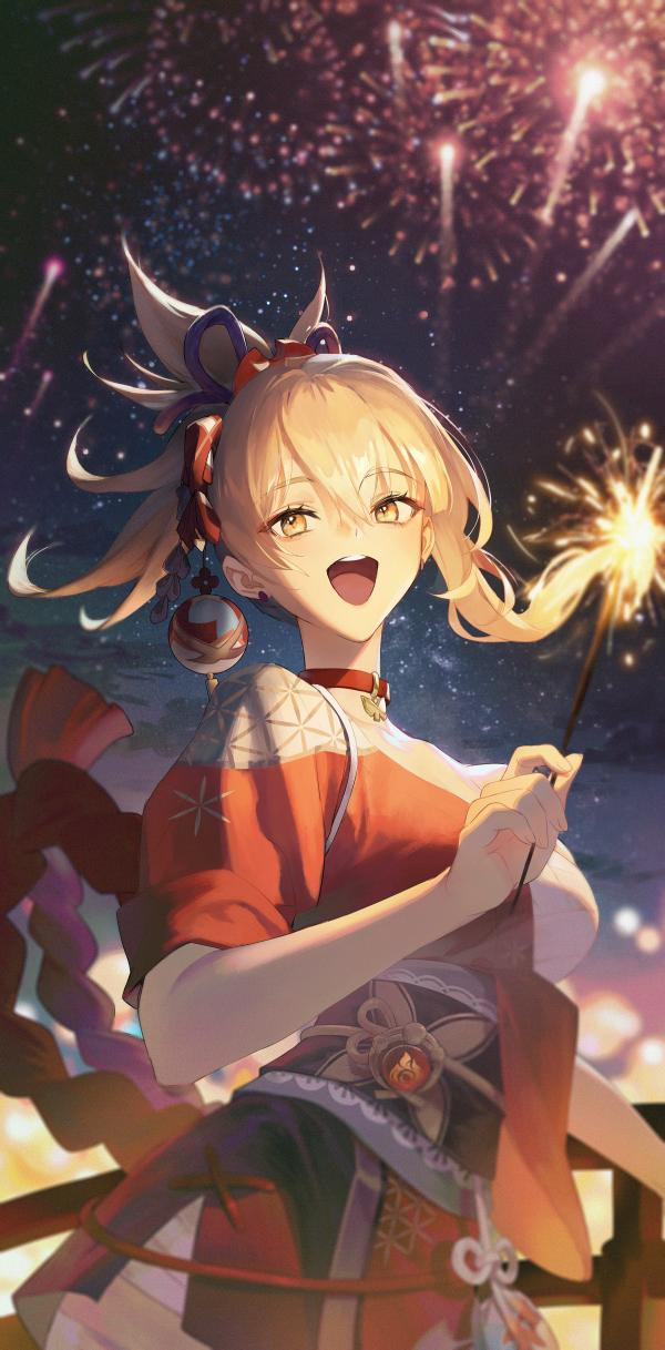 Radiant Yoimiya Fireworks Night HD Wallpaper Art by Masa Ashe #1198