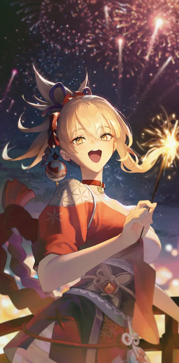 Radiant Yoimiya Fireworks Night HD Wallpaper Art by Masa Ashe #1198
