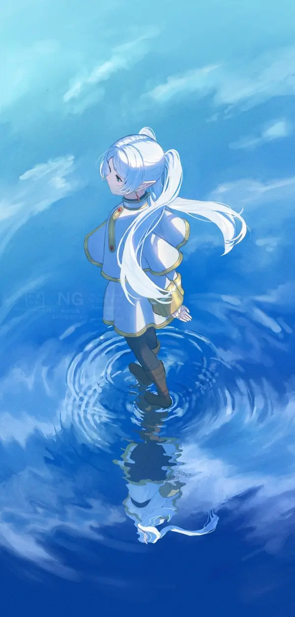 Frieren Elf Standing on Water Reflection Portrait #1333