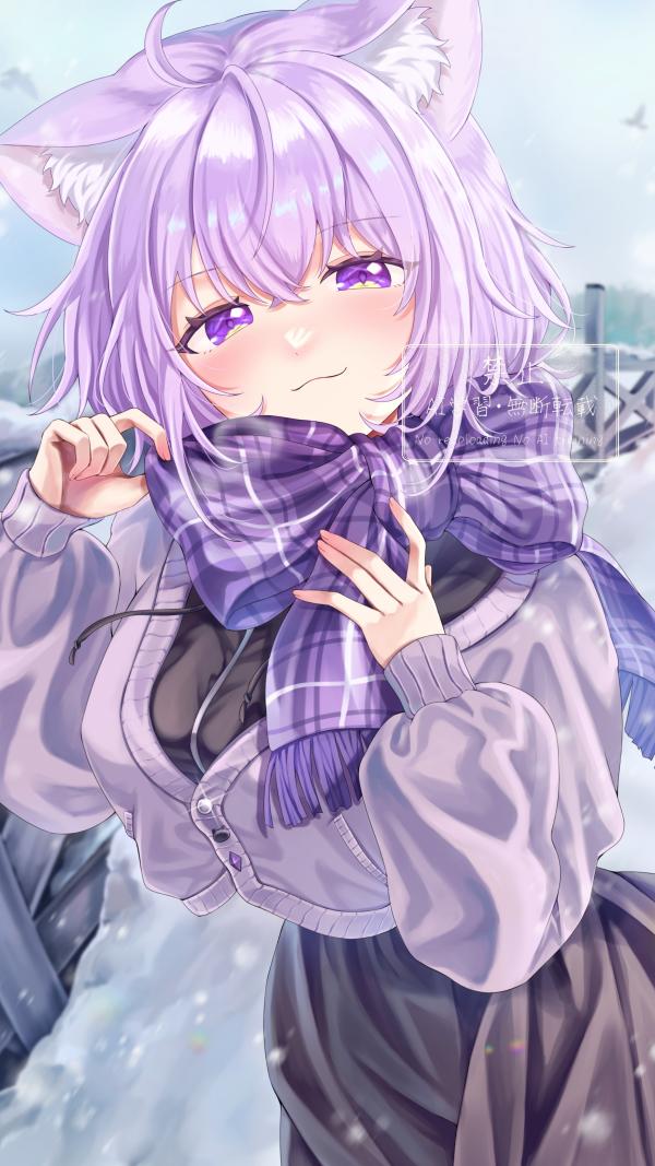 Nekomata Okayu Blushing Smile Plaid Scarf Full HD #1364