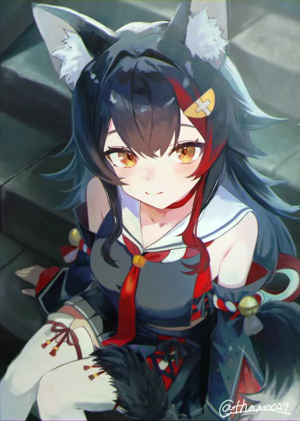 Hololive Art - Ookami Mio Looking Up on Stone Steps #1504