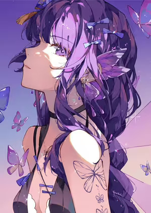 Raiden Ei Genshin Impact: Butterfly Wings, Cleavage, Purple Hair, Smile by yeurei #119