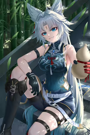 Feixiao Honkai Star Rail Wallpaper Female Fox Ears Aqua Shirt Smile Sitting #86