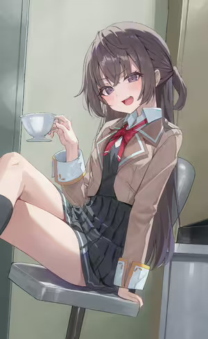 Suou Yuki Roshidere Anime Wallpaper Black Hair, Red Bow, School Uniform, Sitting, Teacup #89